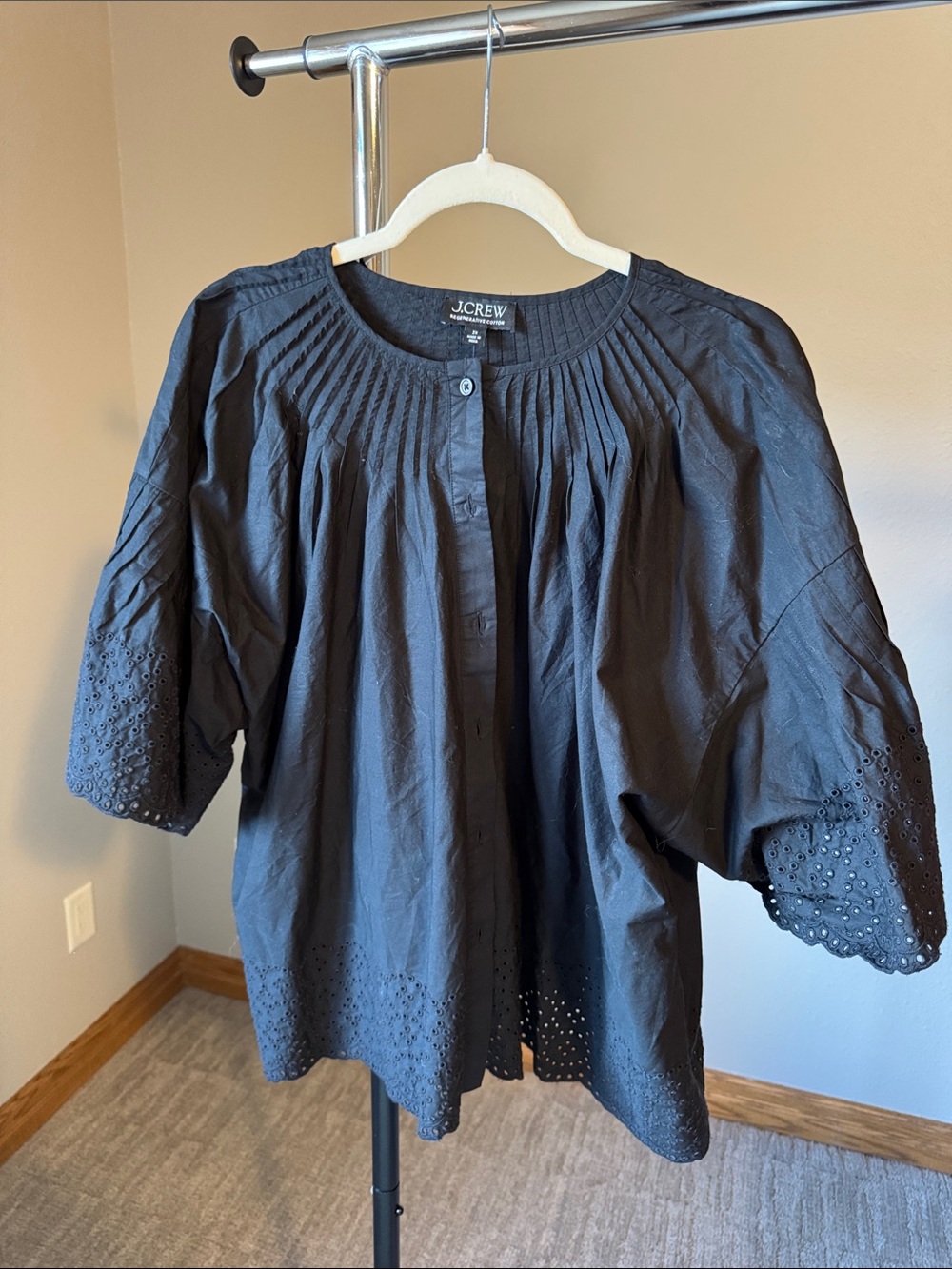 J. Crew Black Eyelet Pintuck Blouse